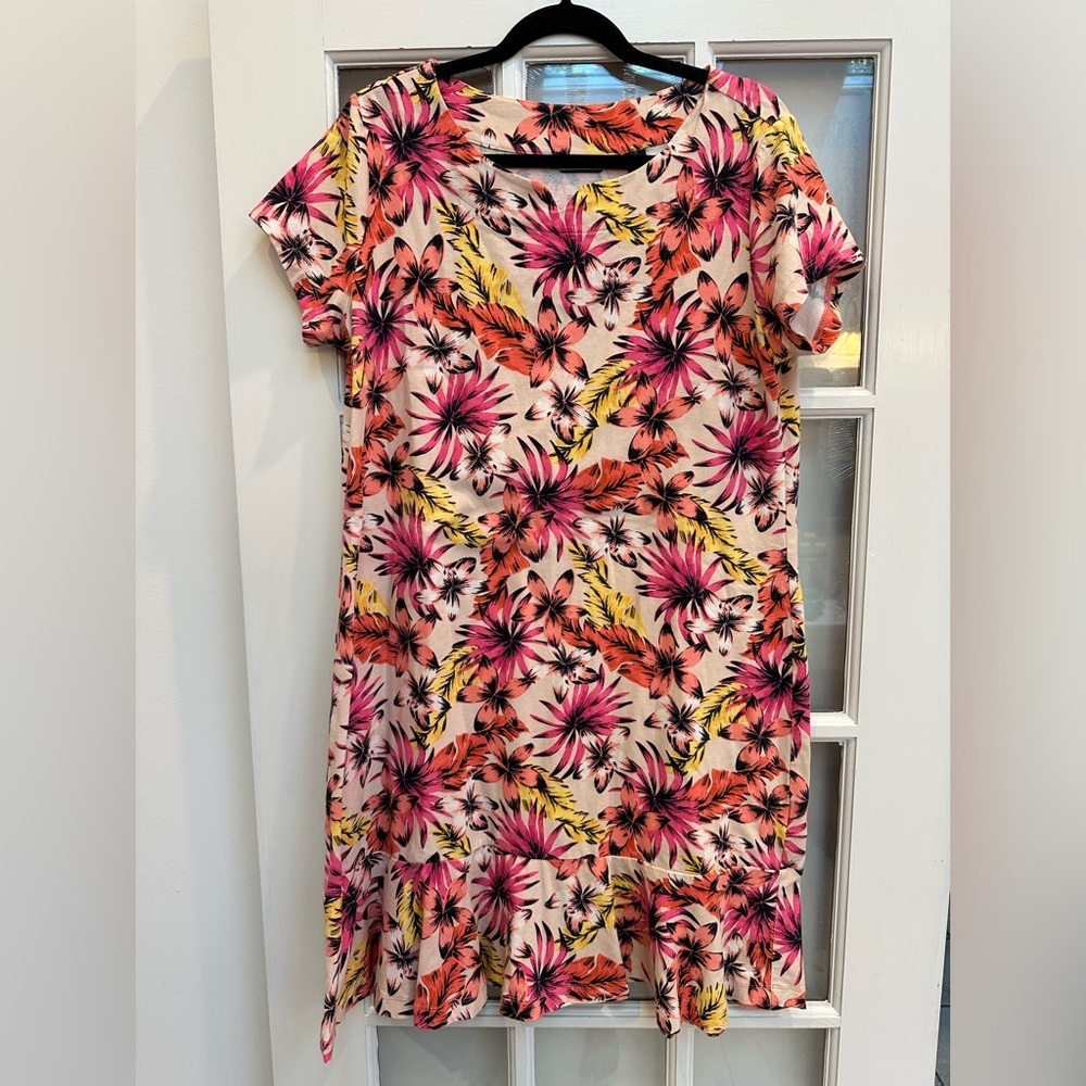 Lands' End Pink & Yellow Floral Ruffle Hem Pullover Jersey Tee Shit Dress Size L